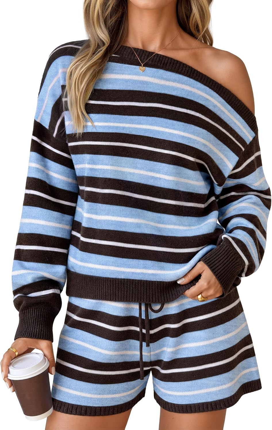 ZESICA Women's 2 Piece Striped Casual Long Sleeve Sweater Shorts Sets | Oversized Off Shoulder Sweaters, Loose Fit Shorts, Cute, Comfy, Summer Fall Lounge Sets, Travel, Airport, Vacation Outfits | Amazon (US)