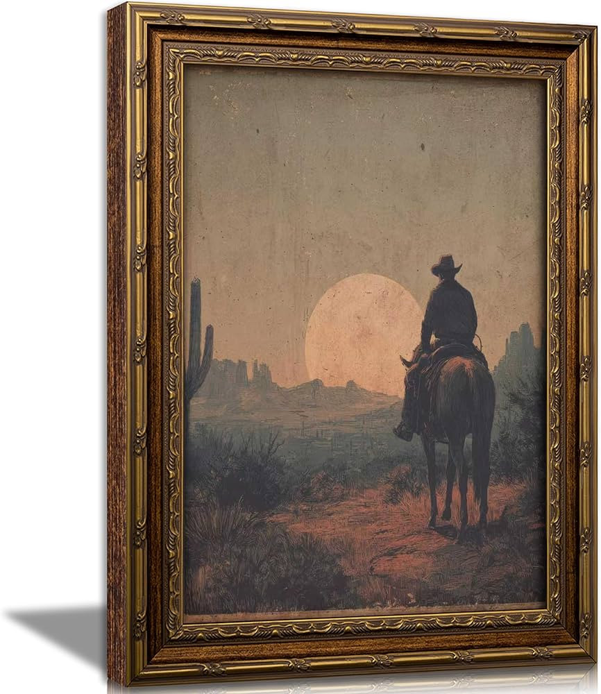 Vintage Gold Framed Western Wall art, Cowboy Riding Away Oil Painting Canvas Print, Cottagecore C... | Amazon (US)
