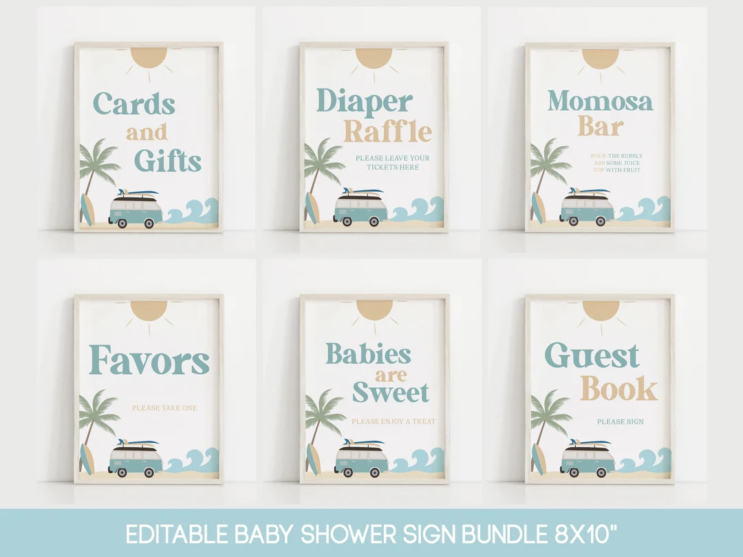 Baby Shower Sign Bundle Surf Theme Editable Baby Shower Signs Printable Baby on Board Decorations... | Etsy (US)