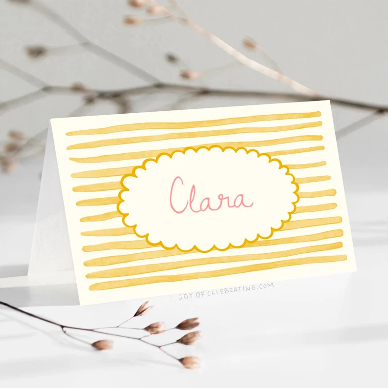 Clara | Sweet Vintage Framed Striped Party Name Card Label Template, Cute Yellow and Pink Trendy ... | Etsy (US)