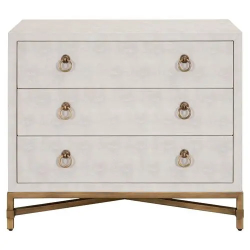 Simon Modern Classic White Shagreen Resin Brushed Gold Metal 3 Drawer Nightstand | Kathy Kuo Home