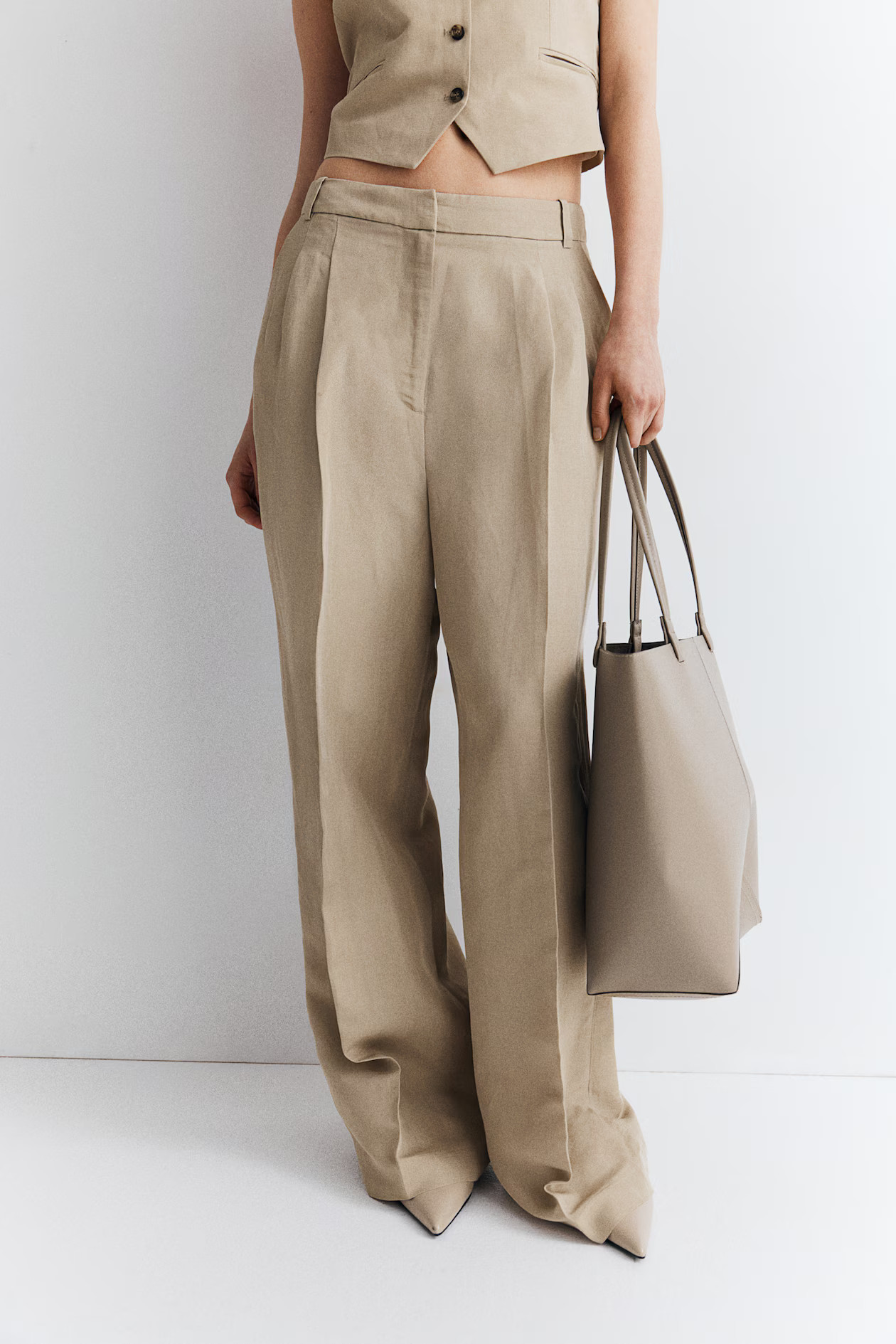 Elegante Hose aus Leinenmix - Hoher Bund - Lang - Beige - Ladies | H&M AT | H&M (DE, AT, CH, NL, FI)