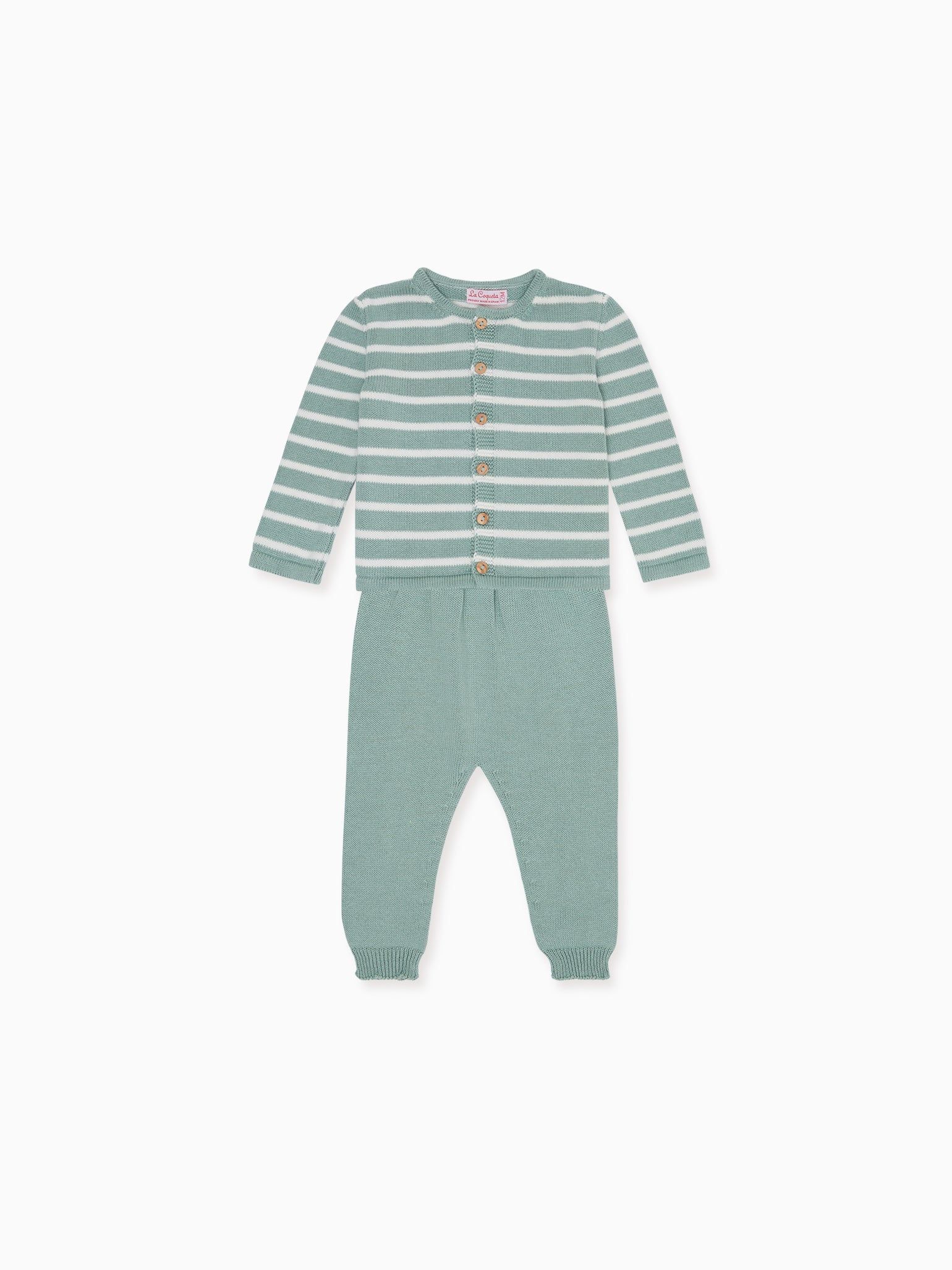 Sage Stripe Pinto Cotton Knitted Baby Set | La Coqueta (US)