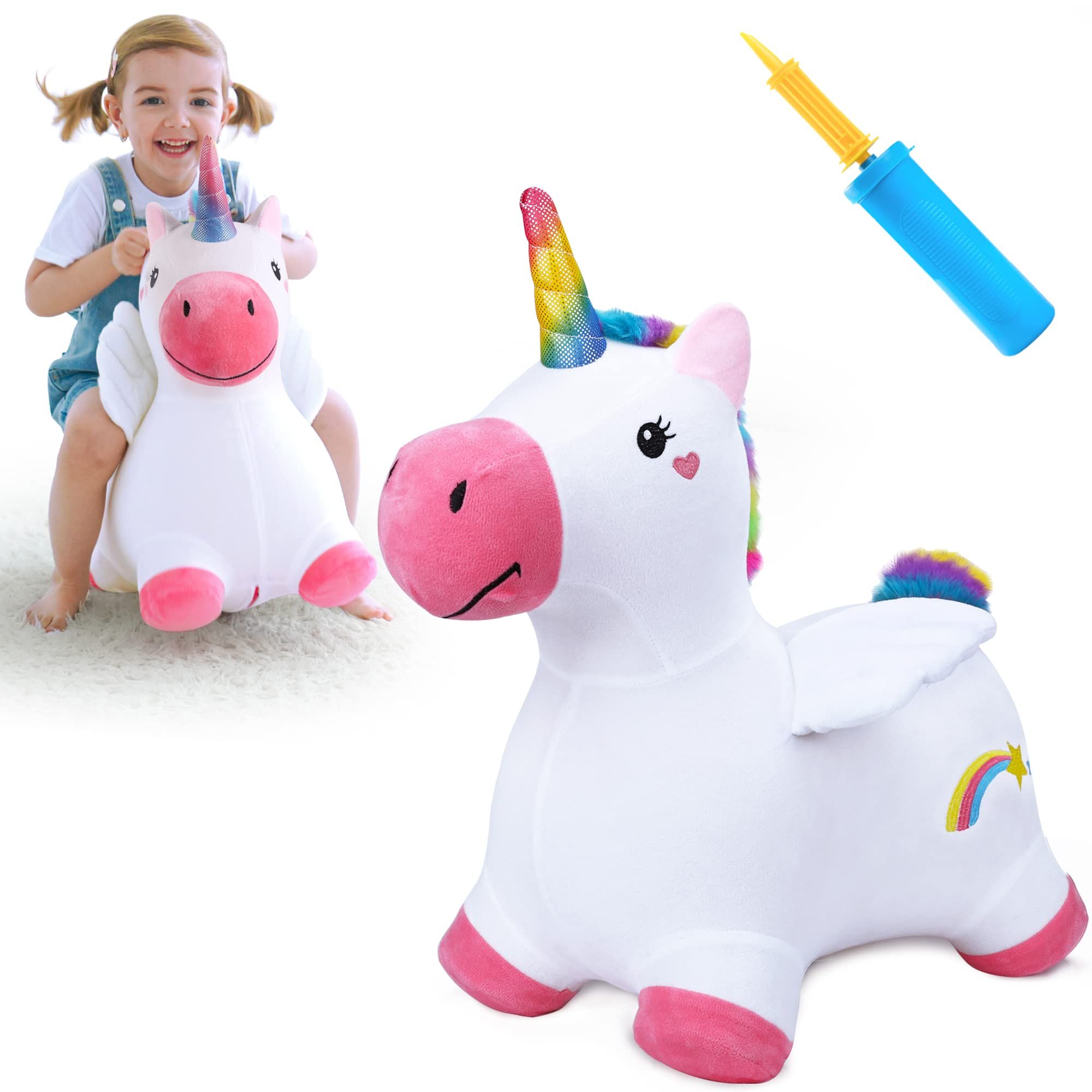 iPlay, iLearn Bouncy Pals Unicorn Bouncy Horse, Toddler Girl Bouncing Animal Hopper, Inflatable Plush Hopping Toy, Outdoor Indoor Ride on Bouncer, Baby First Birthday Gift 18 Months 2 3 4 Year Old Kid | Amazon (US)