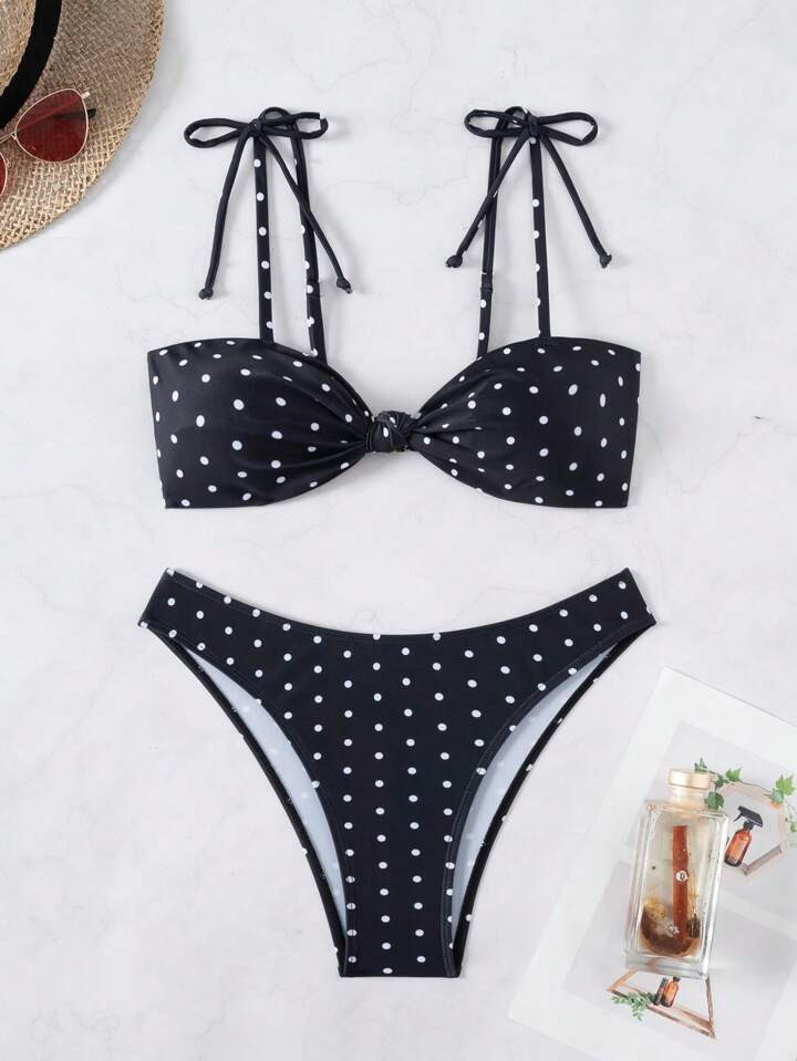 2pcs/Set Women Dot Print Twist Knot Front Bikini Set, Casual Resort Swimwear, Summer Beach Vacati... | SHEIN