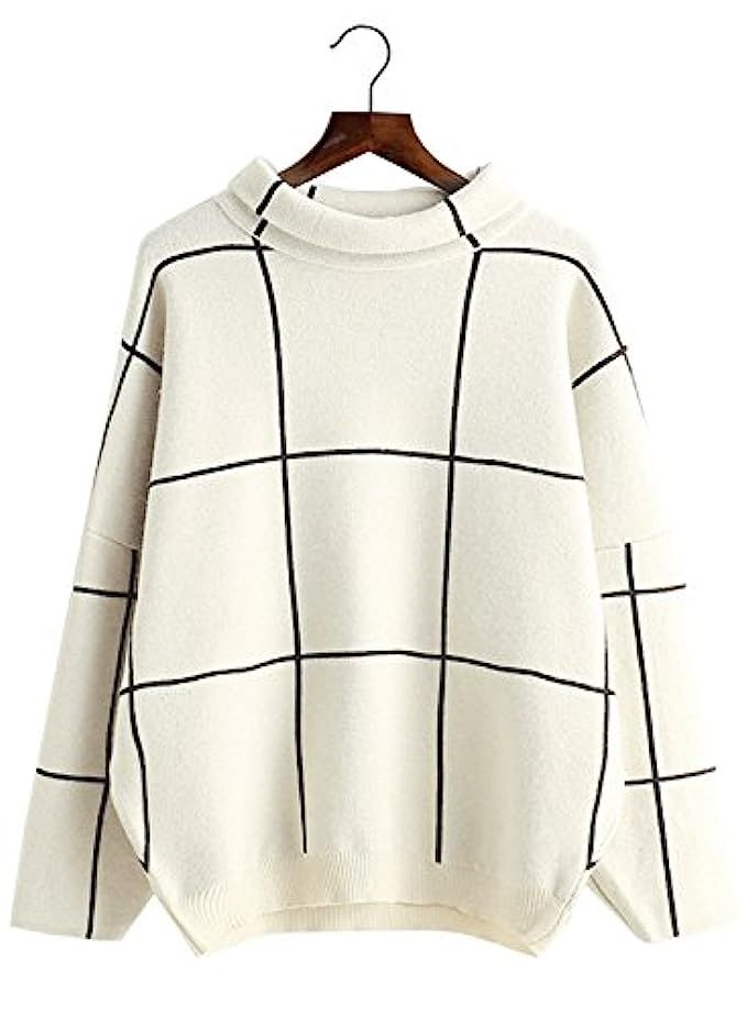 Futurino Women's High Neck Turtleneck Grid Pattern Knitted Sweaters Pullover | Amazon (US)