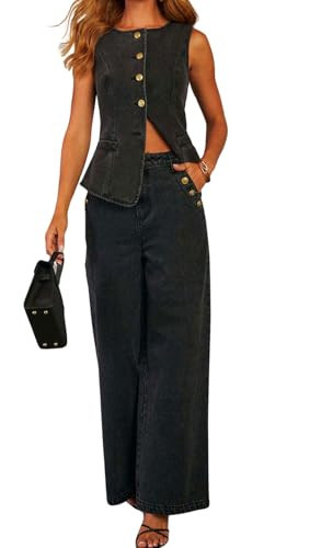 loveimgs Women 2 Piece Denim Set Button Sleeveless Jean Vest Denim Top Y2k Shirt Wide Leg Jeans Palazzo Pants Outfits (X-Small, Black) | Amazon (US)