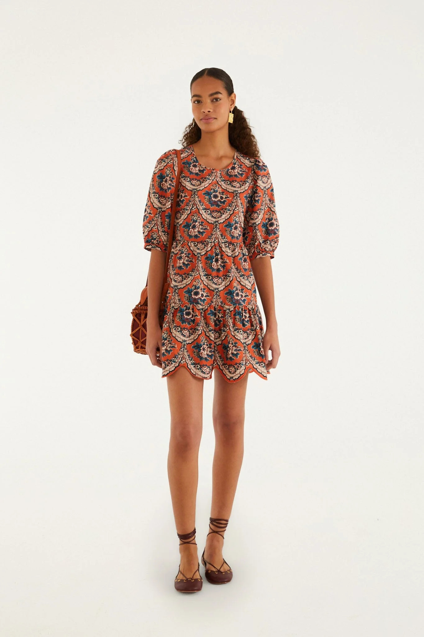 Terracotta Victorian Floral Puff Sleeve Mini Dress | FARM Rio | FarmRio (US)