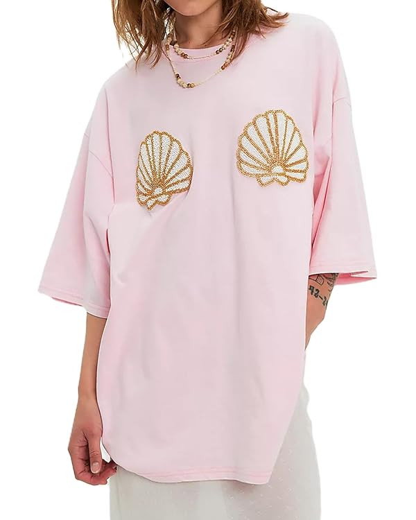 Womens Beaded Seashell Oversized Graphic Tee Shirts Y2k Vintage Beachy Baggy T Shirt Summer Coast... | Amazon (US)