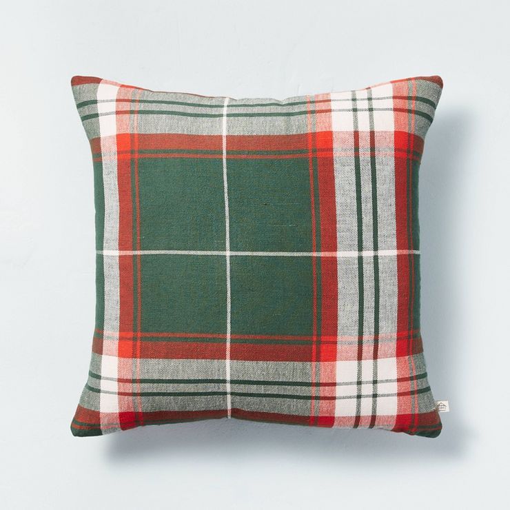 18"x18" Holiday Plaid Square Throw Pillow Green/Red/Cream - Hearth & Hand™ with Magnolia | Target