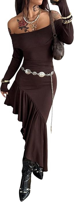 Milumia Women's Y2k Off Shoulder Ruffle Hem Long Dress Asymmetrical Maxi Dresses Concert Outfits | Amazon (US)