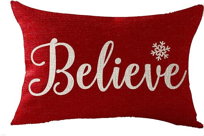 FELENIW Happy Winter Snowflakes Believe Merry Christmas Throw Pillow Cover Cushion Case Cotton Li... | Amazon (US)