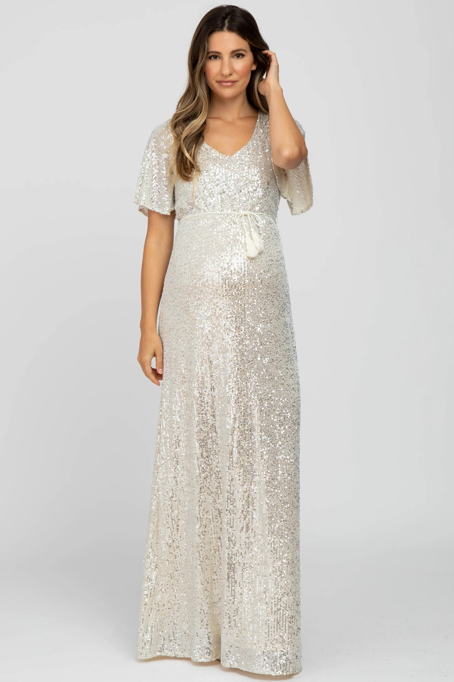 Cream Sequin Short Sleeve Maternity Maxi Dress | PinkBlush Maternity