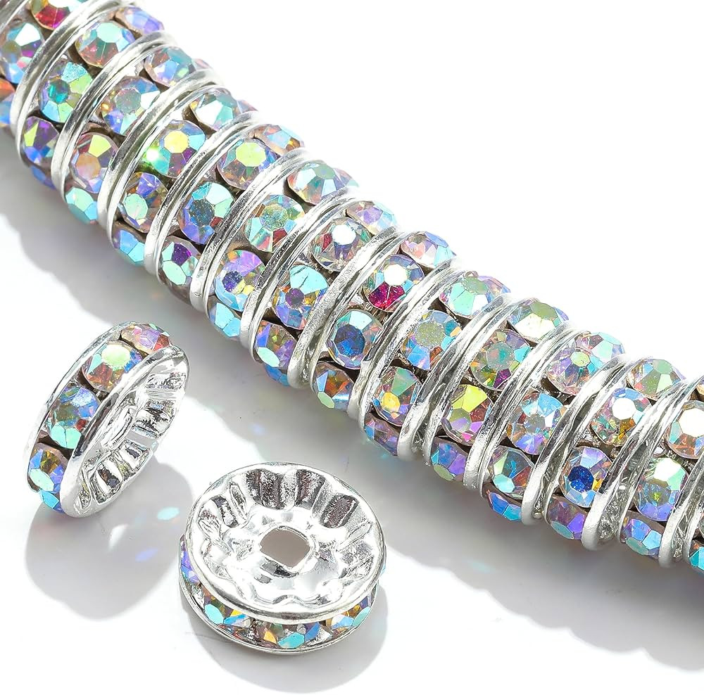 Guoxin 100Pcs Rondelle Spacer Beads Round Crystal Charms Czech Rhinestone Silver Plated Spacer Lo... | Amazon (CA)