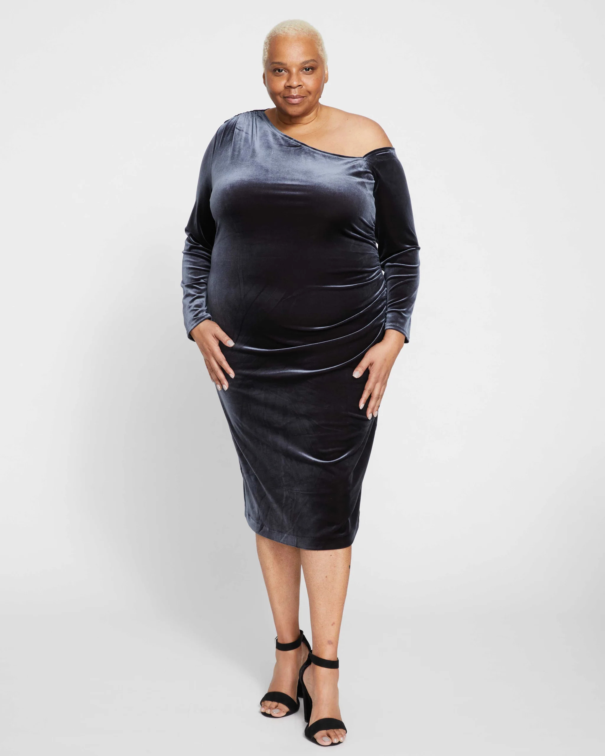 Manderley Off-The-Shoulder Velvet Dress - Gunmetal Velvet | Universal Standard
