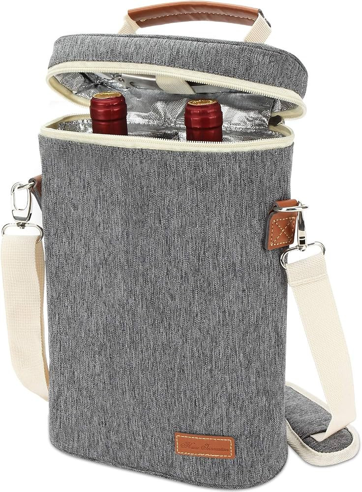2 Bottle Insulated Wine Tote Bag, Wine Carrier Travel Padded Cooler Bag with Shoulder Strap & Cor... | Amazon (US)