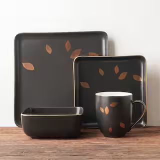 STONE LAIN 16-Piece Square Black and Gold Jasper Porcelain Leaf Dishes (Set of 4) BLB0465-B010002... | The Home Depot