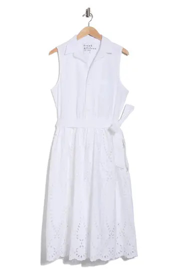 Frank & Eileen Embroidered Eyelet Sleeveless Cotton Shirtdress in White Eyelet at Nordstrom Rack, Size Large | Nordstrom Rack