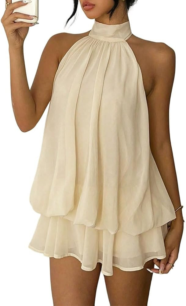 Women Elegant Sleeveless Backless Halter Tie Mini Dress Summer Ruffle Tiered Layered Pleated Chif... | Amazon (US)