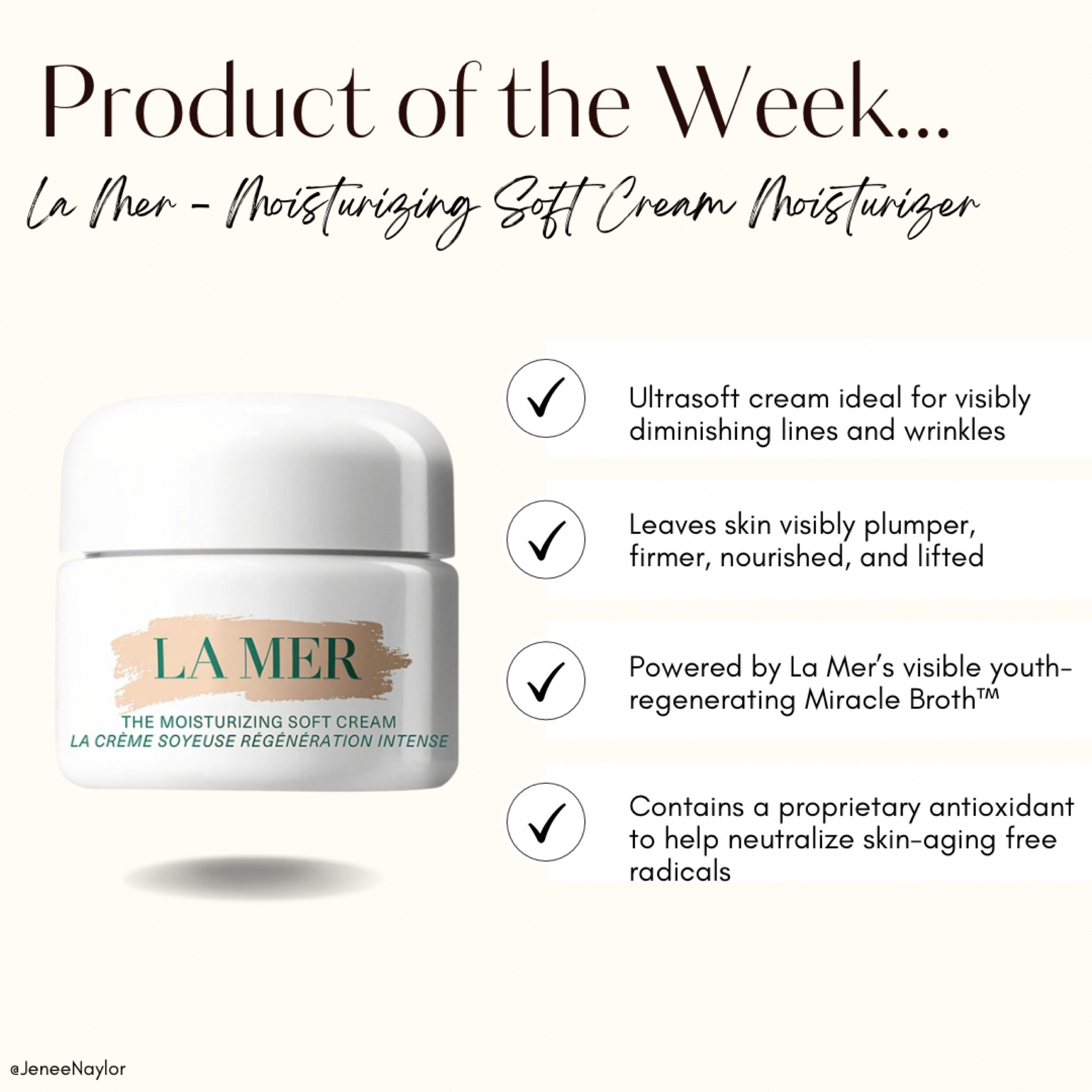 Product of the week: LaMer Moisturizing Soft Cream!  

LaMer products all around are powerful & results driven! 

Not only is this cream moisturizing & long-lasting, but it has clinically proven technology that aims to improve the texture of your skin! 

Perfect for those looking for an anti-aging moisturizer for morning & night.

I use this at night after cleansing my face & applying my toner & face serums. 

#LTKSeasonal #LTKU #LTKbeauty