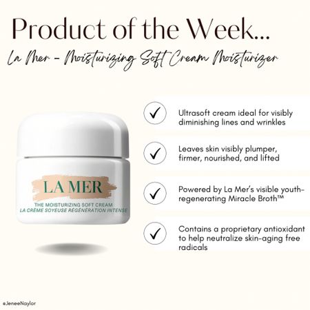 Product of the week: LaMer Moisturizing Soft Cream!  

LaMer products all around are powerful & results driven! 

Not only is this cream moisturizing & long-lasting, but it has clinically proven technology that aims to improve the texture of your skin! 

Perfect for those looking for an anti-aging moisturizer for morning & night.

I use this at night after cleansing my face & applying my toner & face serums. 

#LTKSeasonal #LTKU #LTKbeauty