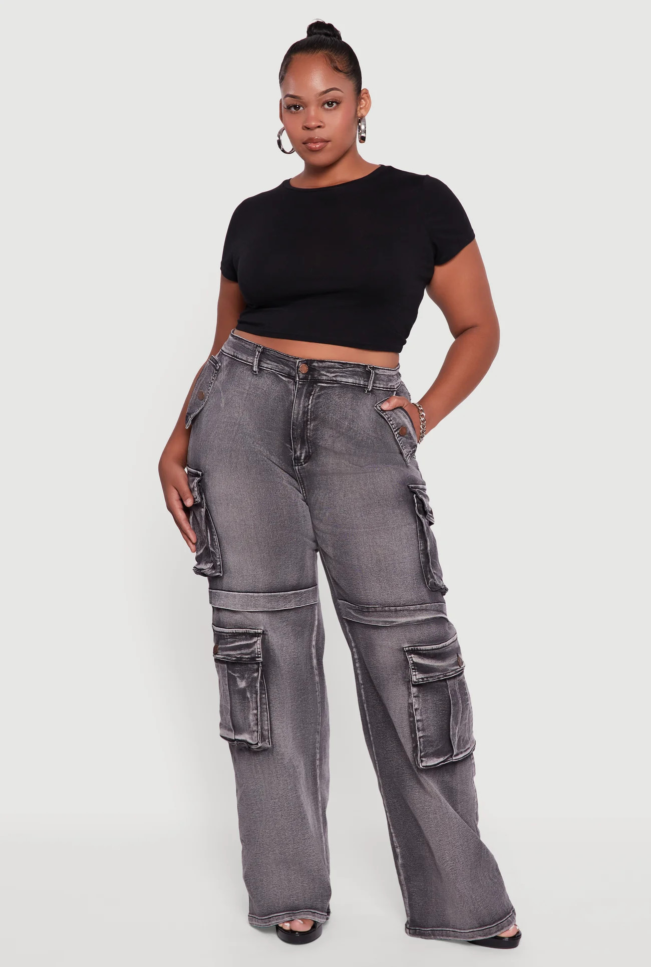 Plus Size Mineral Wash Straight Leg Cargo Jeans | Rainbow Shops