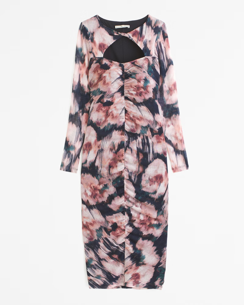 Long-Sleeve Mesh Ruched Dress | Abercrombie & Fitch (US)