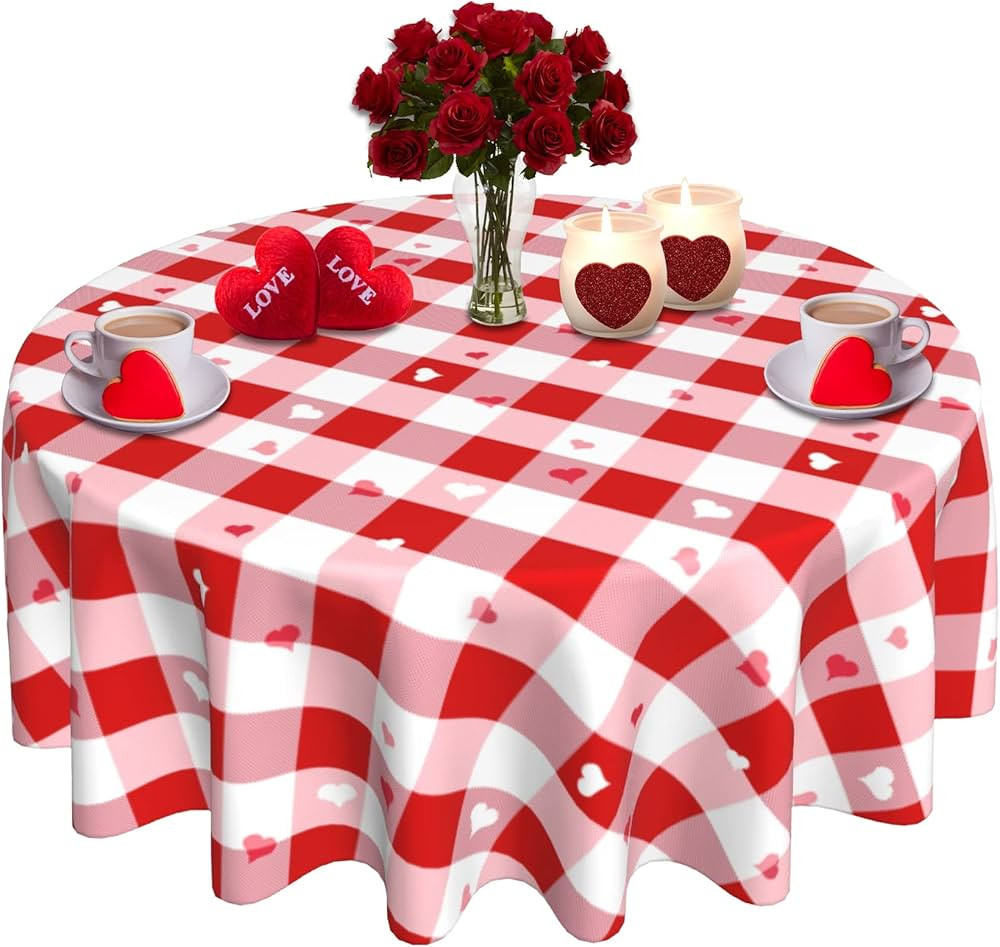 SuQKXCo Valentine's Day Heart Buffalo Plaid Pink Red Round Tablecloth 60 inch Table Cloths Cover ... | Amazon (US)