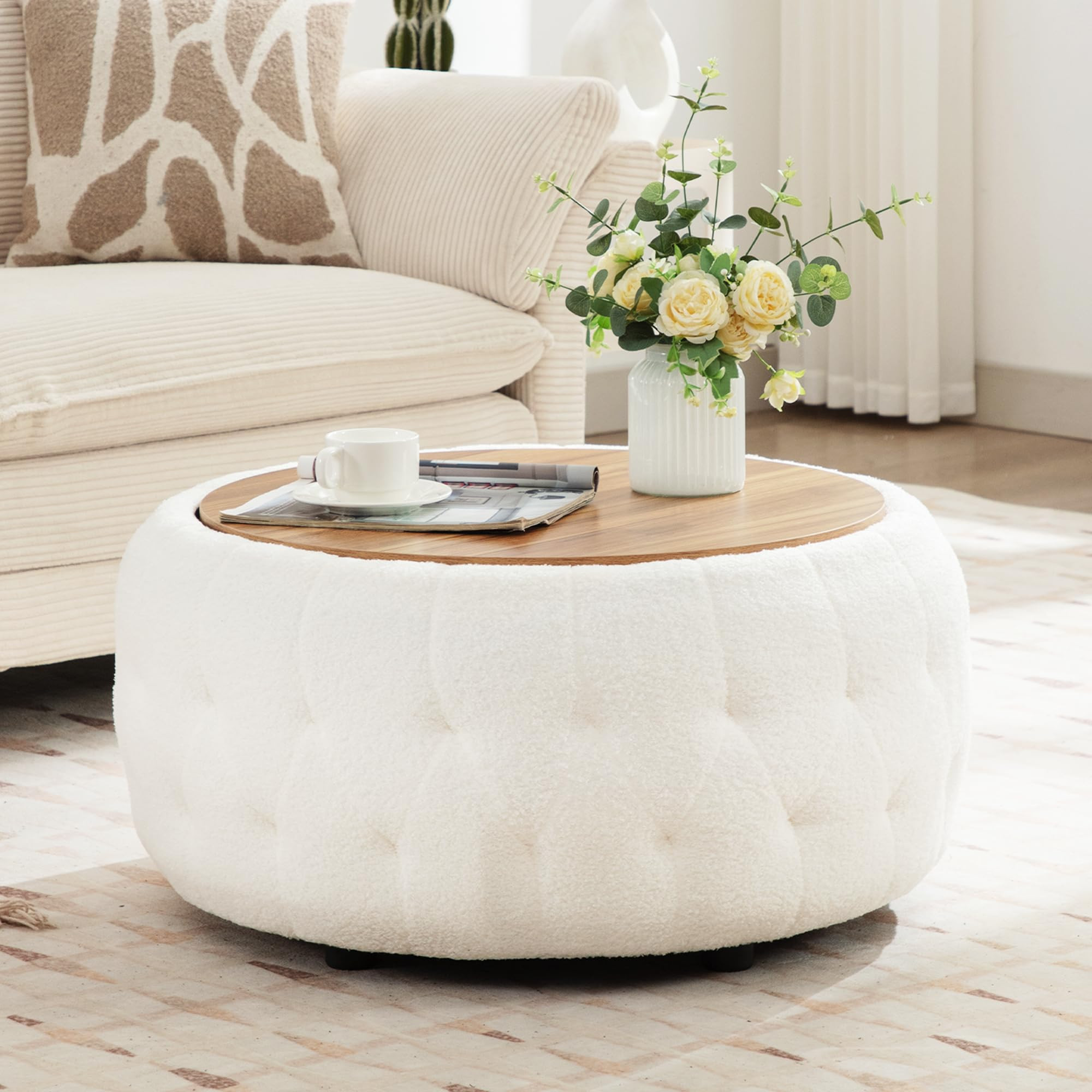 Large Round Storage Ottoman Coffee Table with Wooden Tabletop, 30.5 Inches Teddy Fleece Tufted Ot... | Amazon (US)