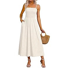 OFEEFAN Womens Spaghetti Strap Maxi Dresses Smocked with Pockets 2026 Summer Spring Casual Boho B... | Amazon (US)