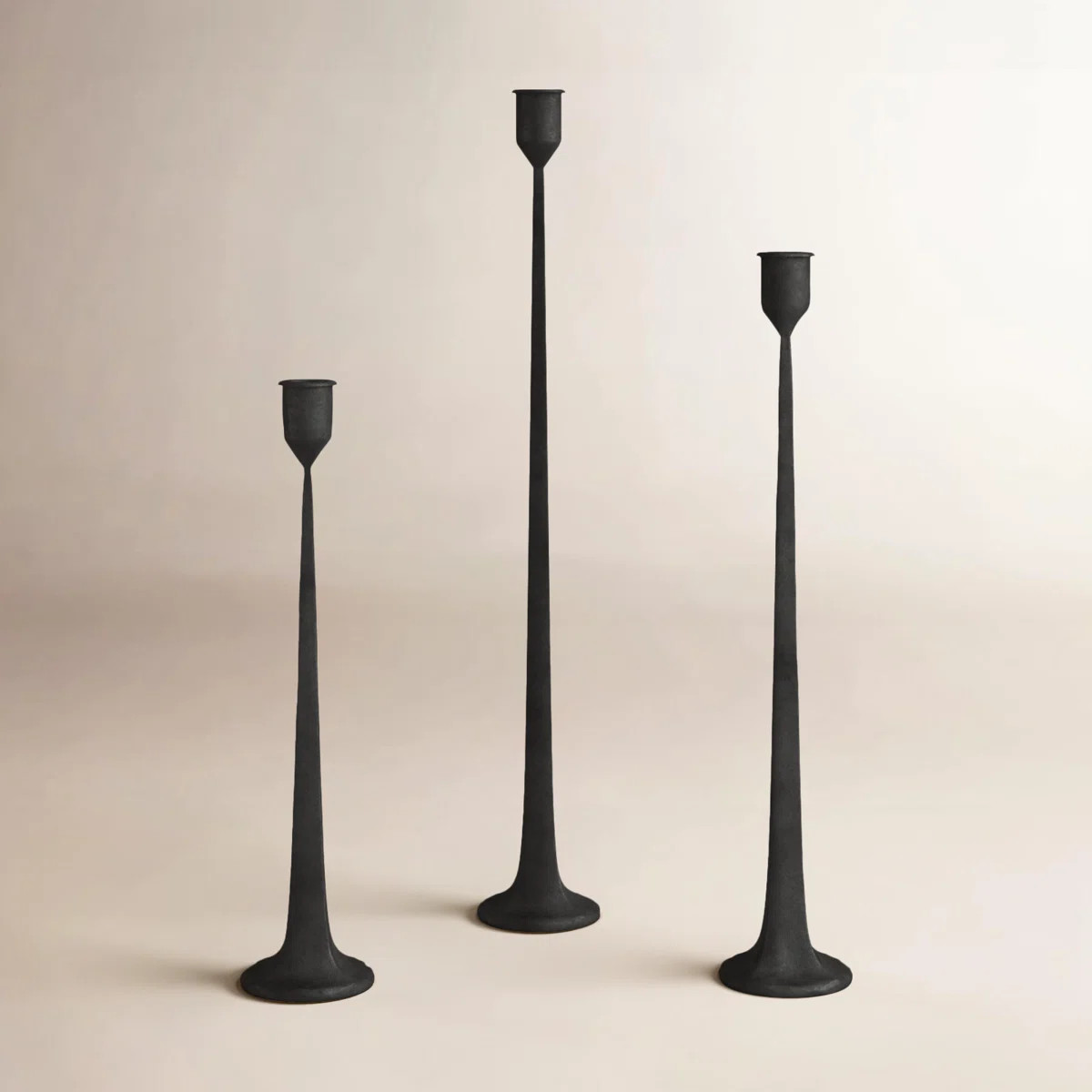 Set of Three Taper Candle Holders, Cast Iron Rustic Farmhouse Table Decor, Black Finish | Wayfair North America