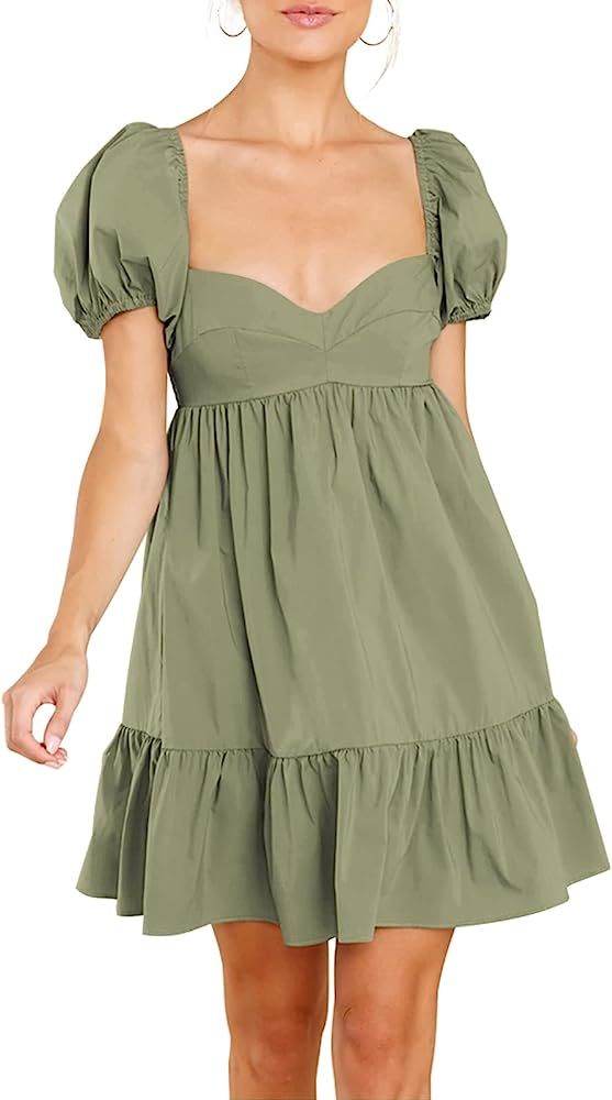 BELONGSCI Women's Summer Cute Dress Sweetheart Neckline Puff Sleeve Ruffle A-Line Casual Loose Flowy | Amazon (US)