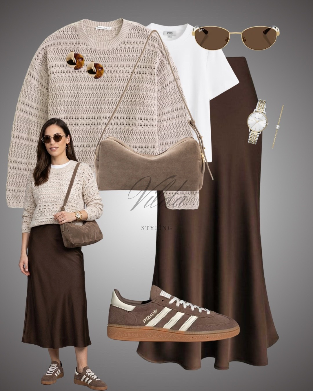 This outfit is the perfect blend of effortless chic and casual comfort. The mix of textures—from the open-knit sweater to the silky satin skirt—creates a sophisticated tonal look that works for everything from coffee dates to office days. #LTKstyle #MinimalistFashion #NeutralOOTD 

#LTKUK #LTKSeasonal #LTKspringtrends