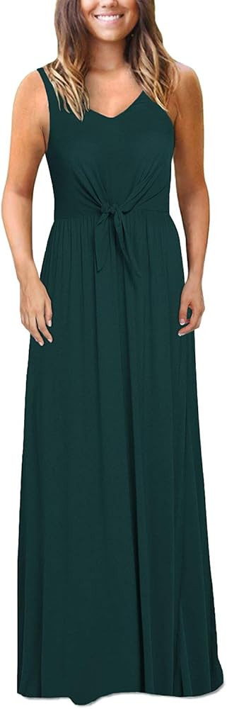 Kranda Women's Sleeveless V Neck Solid Color Knotted Front Tank Maxi Dress | Amazon (US)