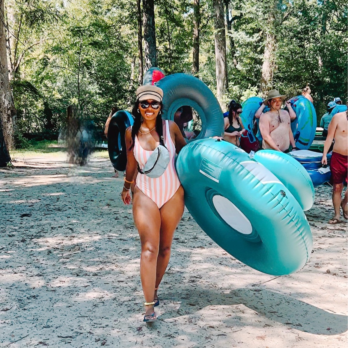Pink and white striped one piece bathing suit/tubing floaty/camp essentials/mosquito repellent bracelets

#LTKfindsunder50 #LTKswim #LTKtravel