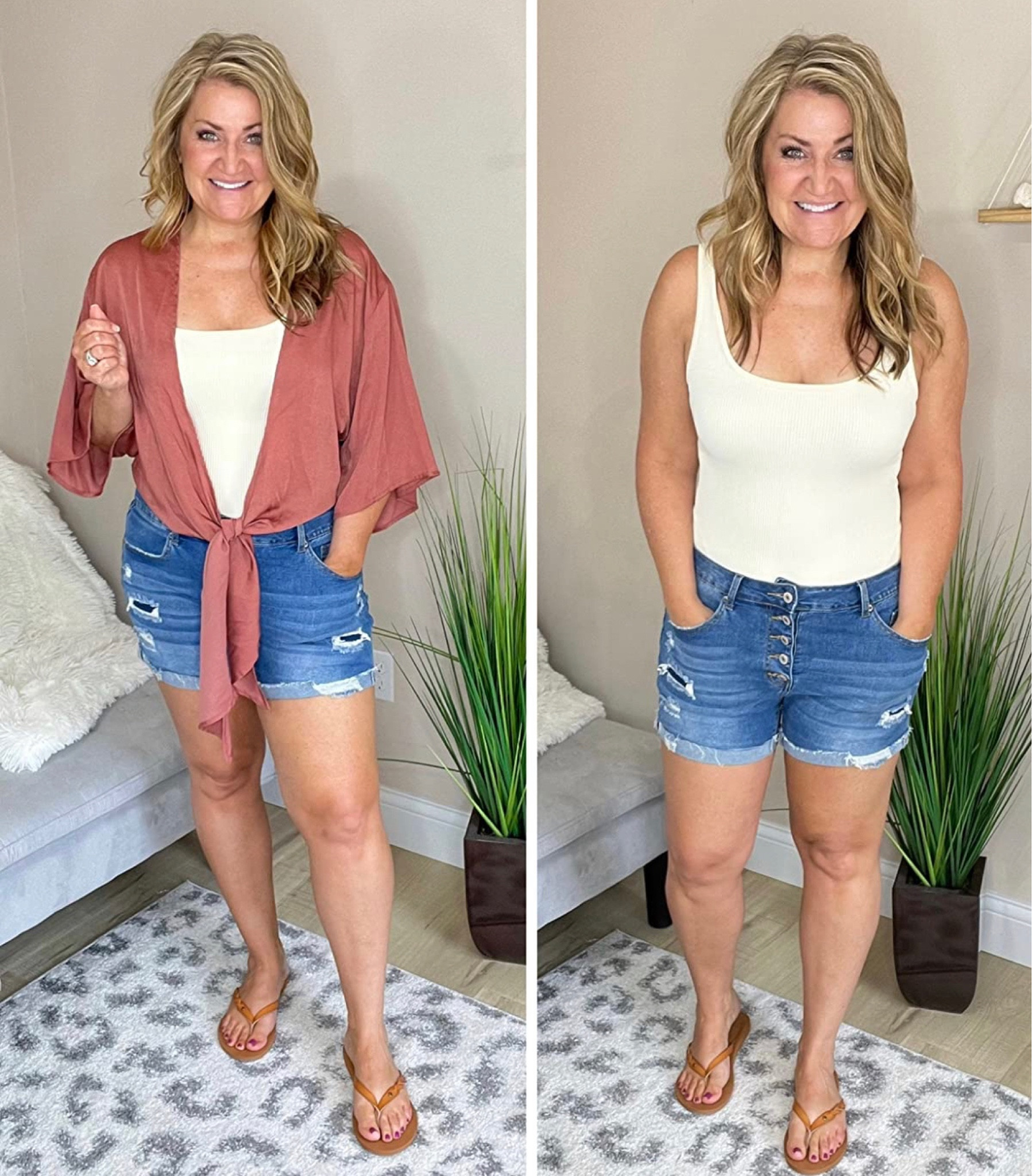 LOVE this body suit! It holds and shapes my curves giving me a waist back. Goes perfectly with my satin tie front top! Shorts are so comfy with tons of stretch! All tts unless you have a long torso then order up in body suit.

#LTKstyletip #LTKcurves #LTKsalealert