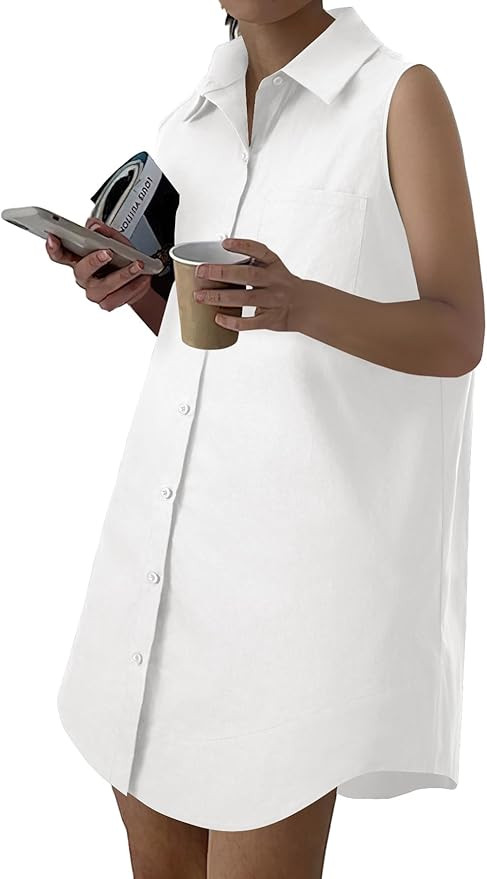 LYANER Women's Casual Shirt Dress Collar V Neck Sleeveless Button Down Loose Mini Dresses | Amazon (US)