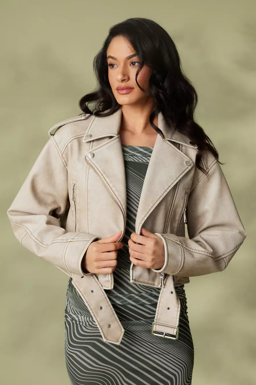 Stone Faux Leather Oversized Biker Jacket | Quiz Clothing