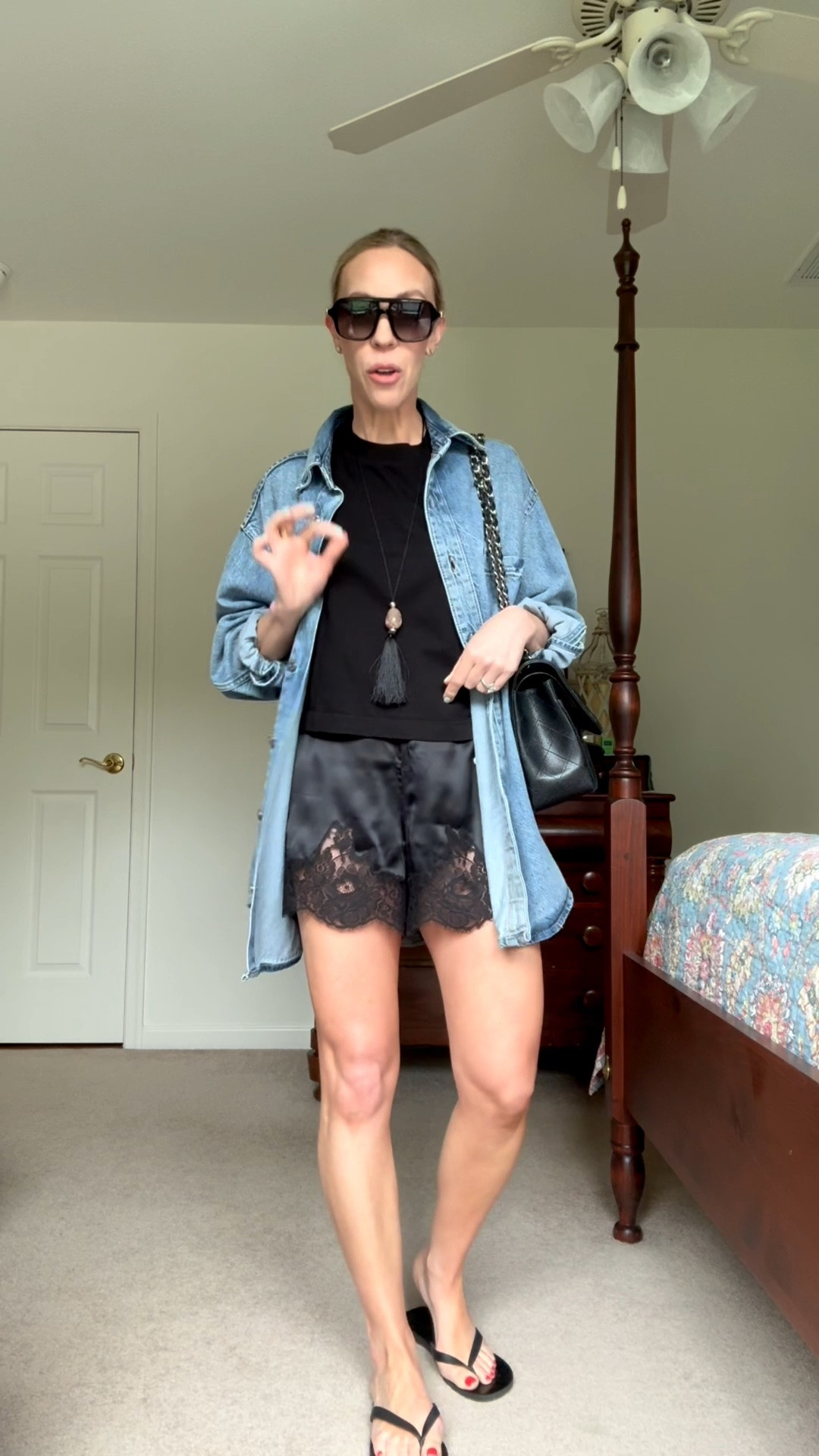 Styling lace shorts for early fall with an oversized denim shirt, cropped tee, and pendant necklace

#LTKSeasonal #LTKgrwm #LTKOver40