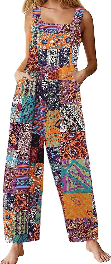 Himosyber Women's Patchwork Dual Pocket Jumpsuit Loose Floral Print Bohemian Wide Leg Bib Overall | Amazon (US)