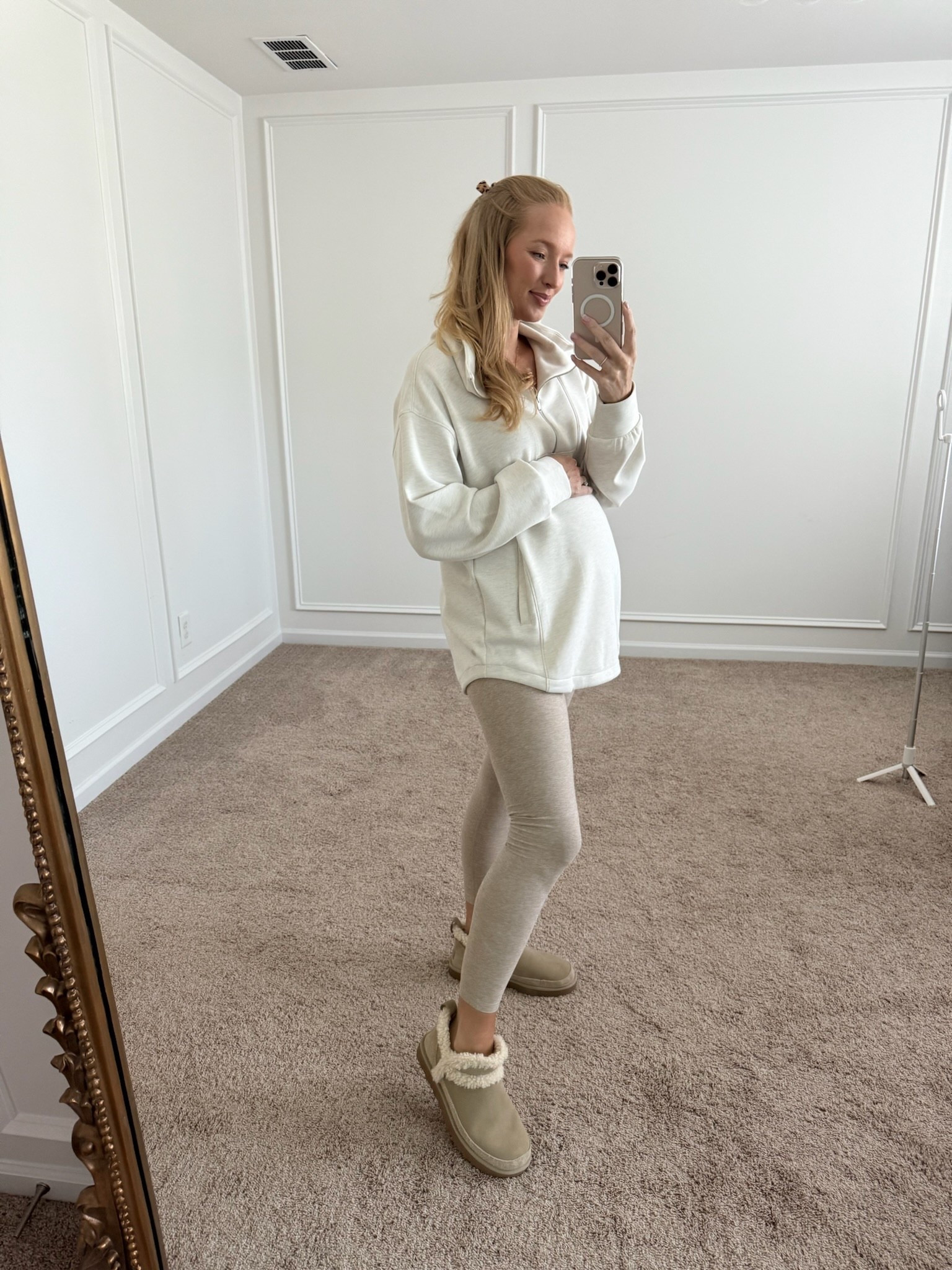 Some of my cozy fall favorites! These leggings are very bump friendly and I love the neutral tone! Paired with cozy Uggs - if you’re a half size, go with the next full size 

#LTKActive #LTKTravel #LTKBump