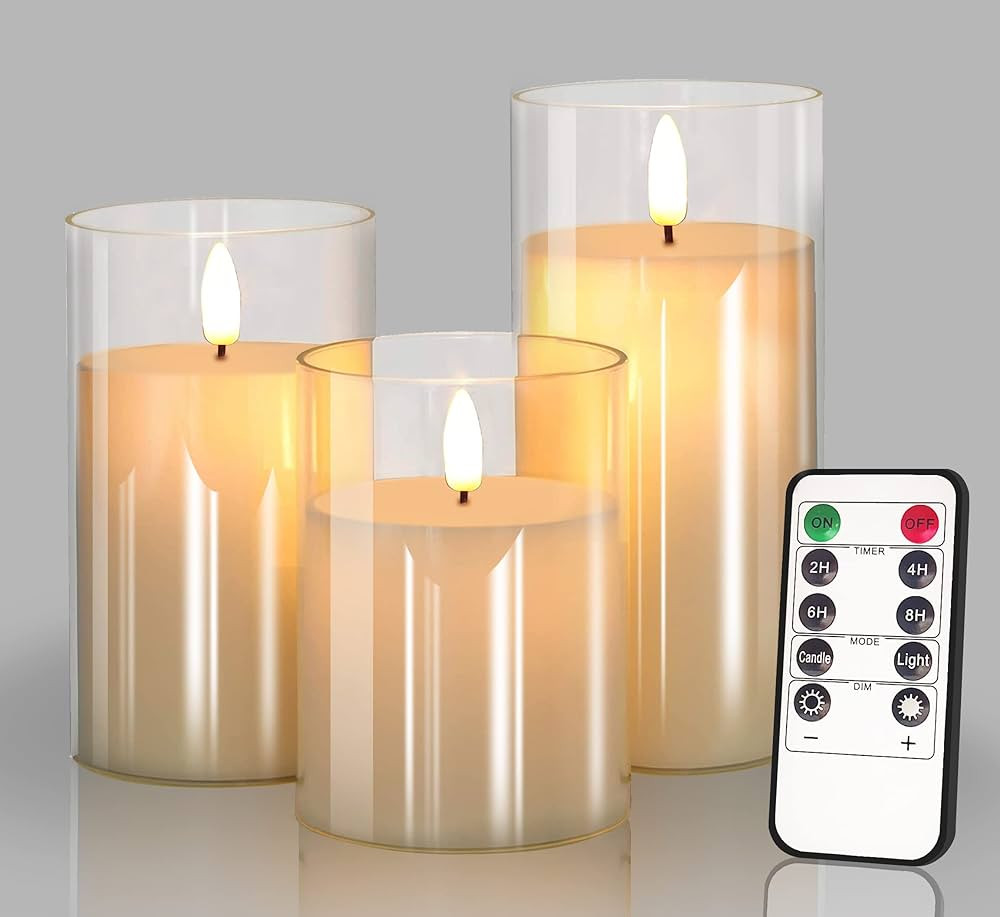 Glass Battery Operated LED Flameless Candles with Remote and Timer, Real Wax Candles Warm Color F... | Amazon (US)