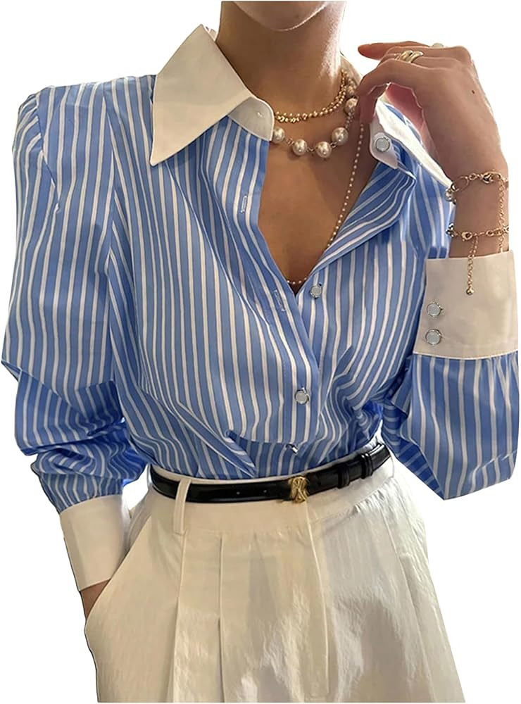 SweatyRocks Women's Button Down Blouse Striped Long Sleeve Collared Office Work Tops | Amazon (US)
