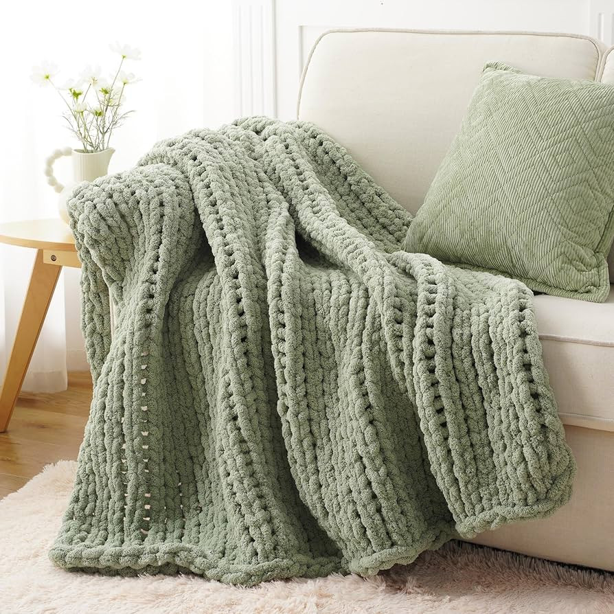 Battilo Sage Green Chunky Knit Throw Blanket, Soft and Thick Chenille Throw Blanket, 50"x60" Hand... | Amazon (US)