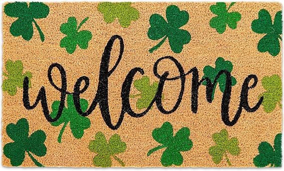 Whaline St. Patrick's Day Natural Coir Door Mat Gradient Green Shamrock Pattern Welcome Mat Non-S... | Amazon (US)