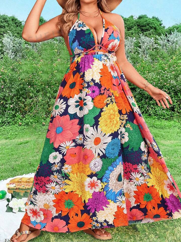 SHEIN WYWH Plus Size Floral Print Halterneck Backless Casual Holiday Dress | SHEIN