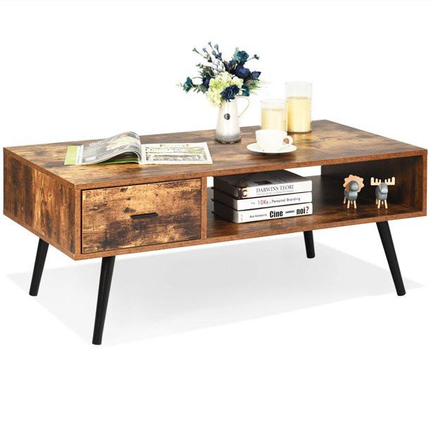 Gymax Retro Coffee Table Mid Century Modern Living Room Furniture with Open Storage Shelf - Walma... | Walmart (US)