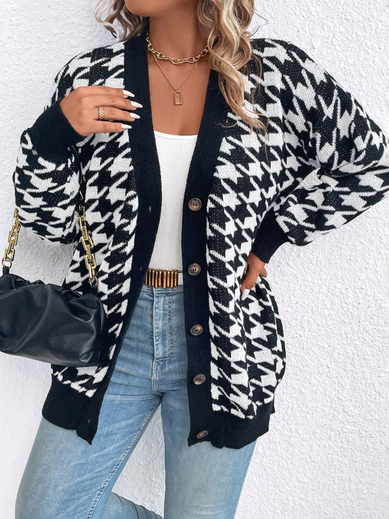 Plus Houndstooth Pattern Drop Shoulder Cardigan | SHEIN