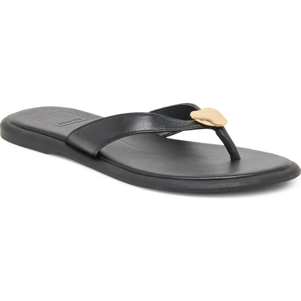 Dolce Vita Jaina Embellished Flip Flop in Black Leather at Nordstrom, Size 10 | Nordstrom