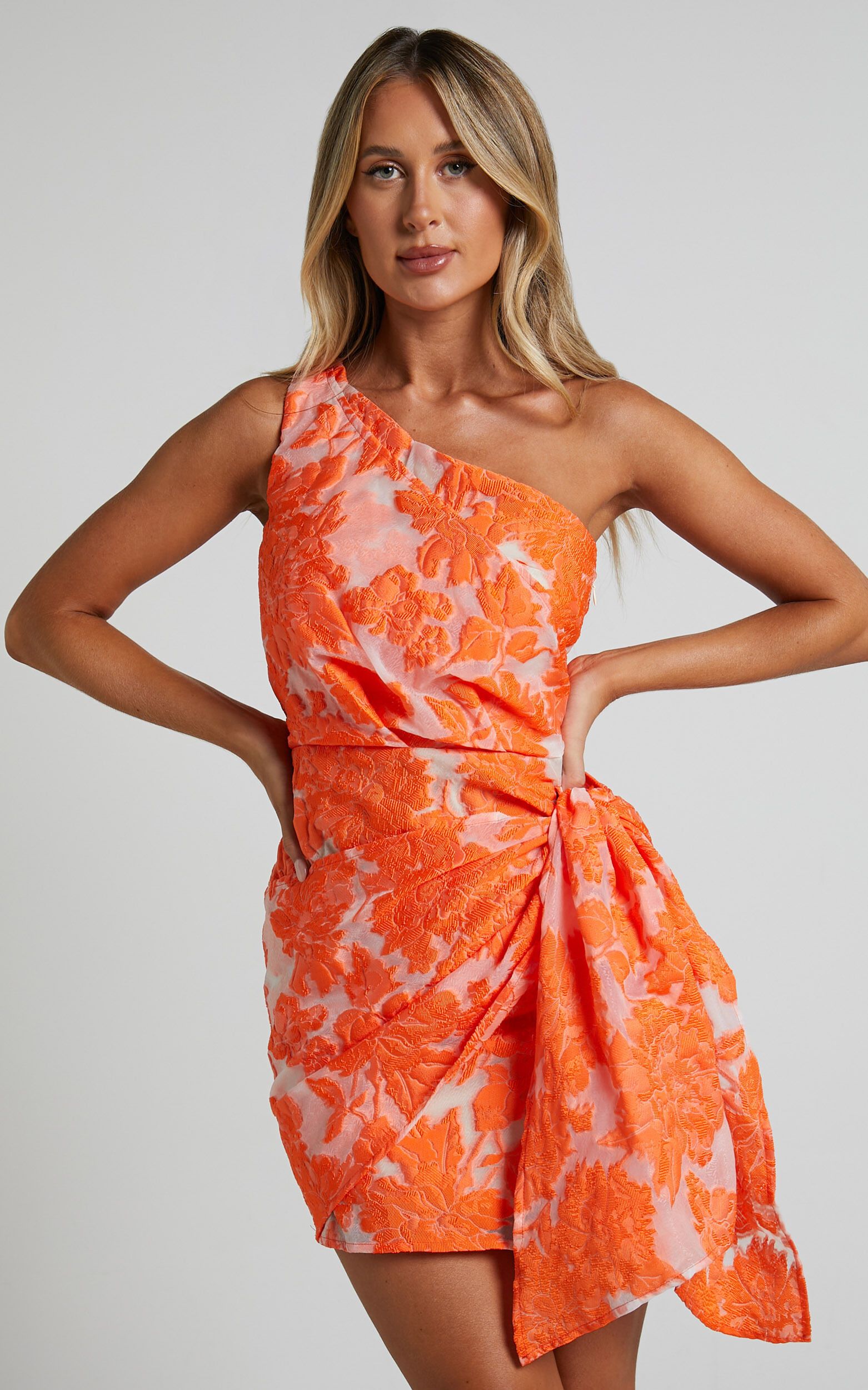 Kailey One Shoulder Wrap Front Mini Dress in Orange & Beige Jacquard | Showpo (US, UK & Europe)